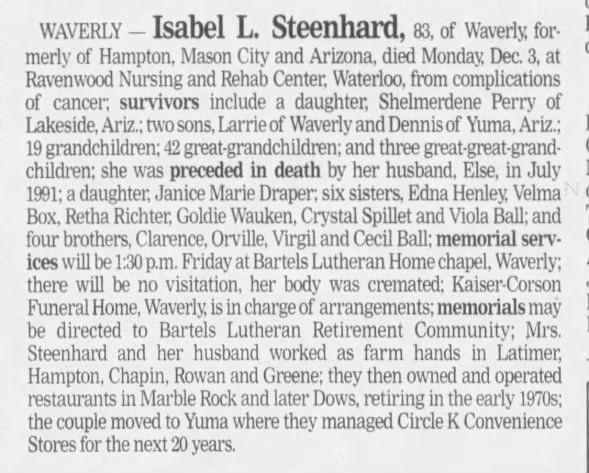 2001 obit Isabel I Steenhard